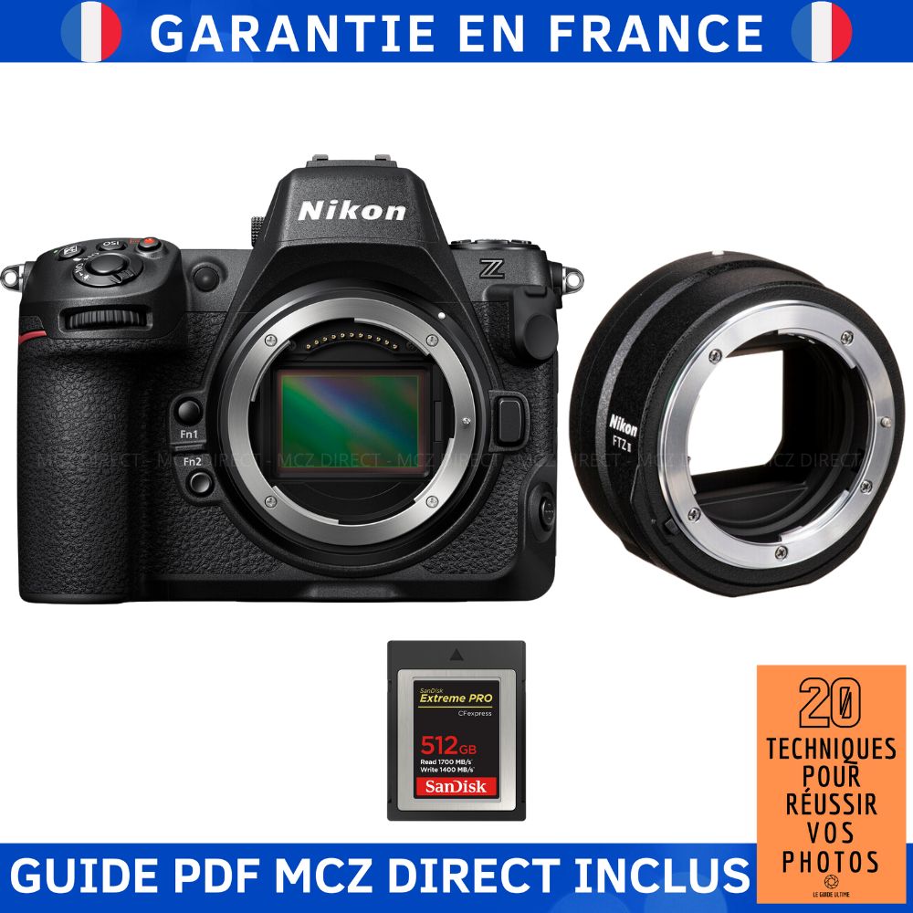 Kit Nikon Z8 avec adaptateur FTZ II, carte SanDisk 512Go Extreme PRO CFexpress Type B et guide de photographie