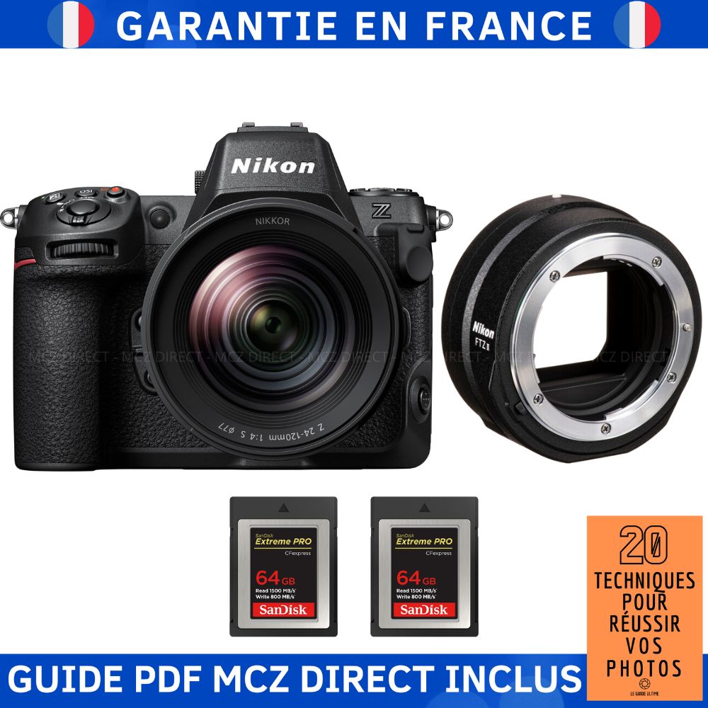 Nikon Z8 + Z 24-120mm F4 S Lens + 2 SanDisk 64GB Extreme PRO CFexpress Type B Memory Cards + '20 TECHNIQUES POUR RÉUSSIR VOS PHOTOS' Guide