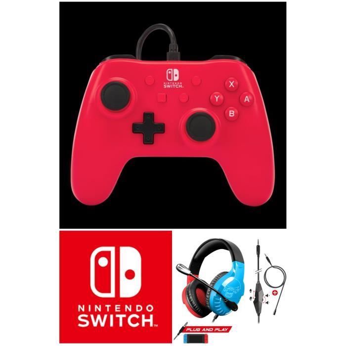 Official Nintendo Switch Wired Controller - Red Raspberry with Detachable USB Cable + BLUE SWITCH Headset