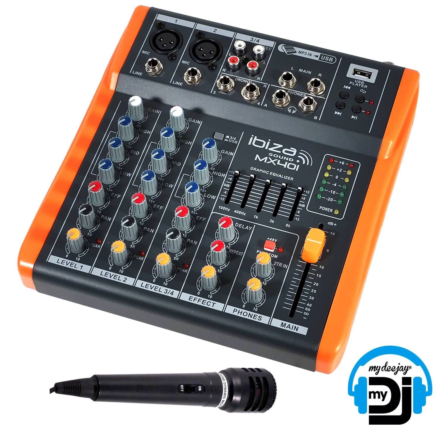 Consola mezcladora My Deejay Ibiza Sound MX401 + MDJ01 USB de 4 canales compacta