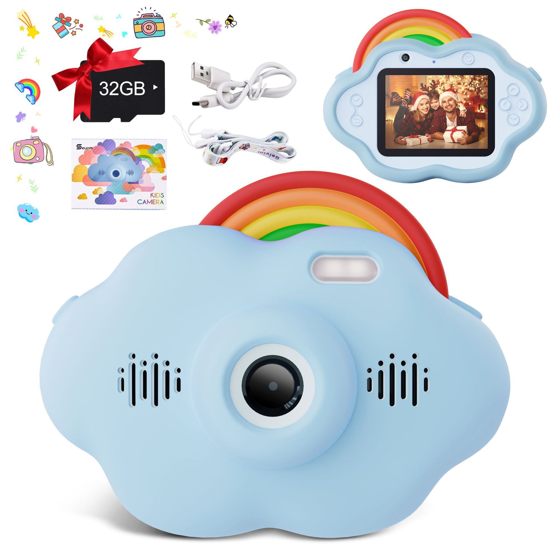 Greatmall Kids' Digital Camera, Blue - 1080P HD/40MP Rechargeable Camera with 2.4-inch Screen, 32G SD Card, USB, Stickers, Gifts for Children 3-12 Years Old