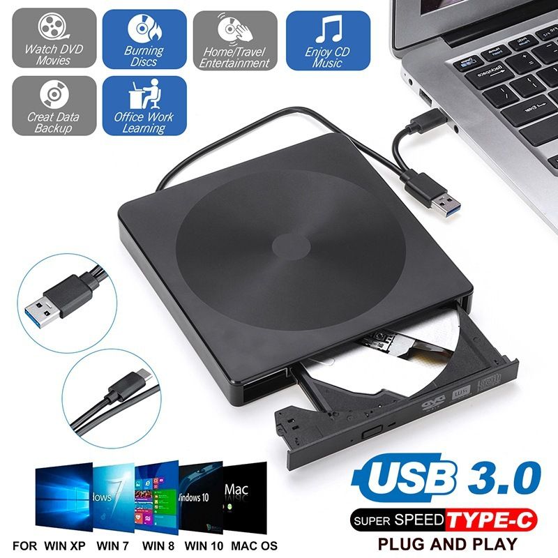 External USB 3.0/Type C CD/DVD Player, Black