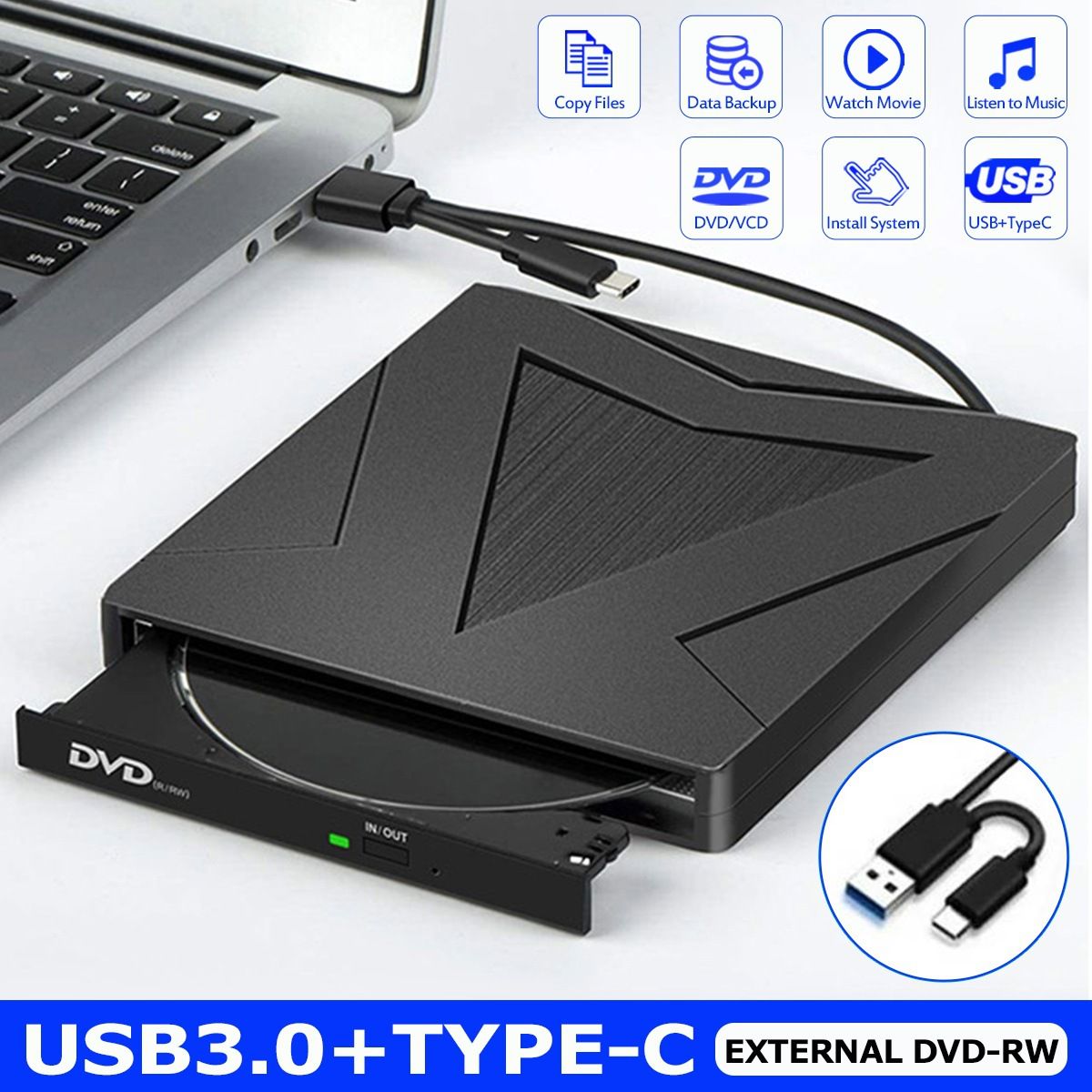Reproductor de CD/DVD externo Greatmall USB 3.0/Tipo C doble interfaz, Negro
