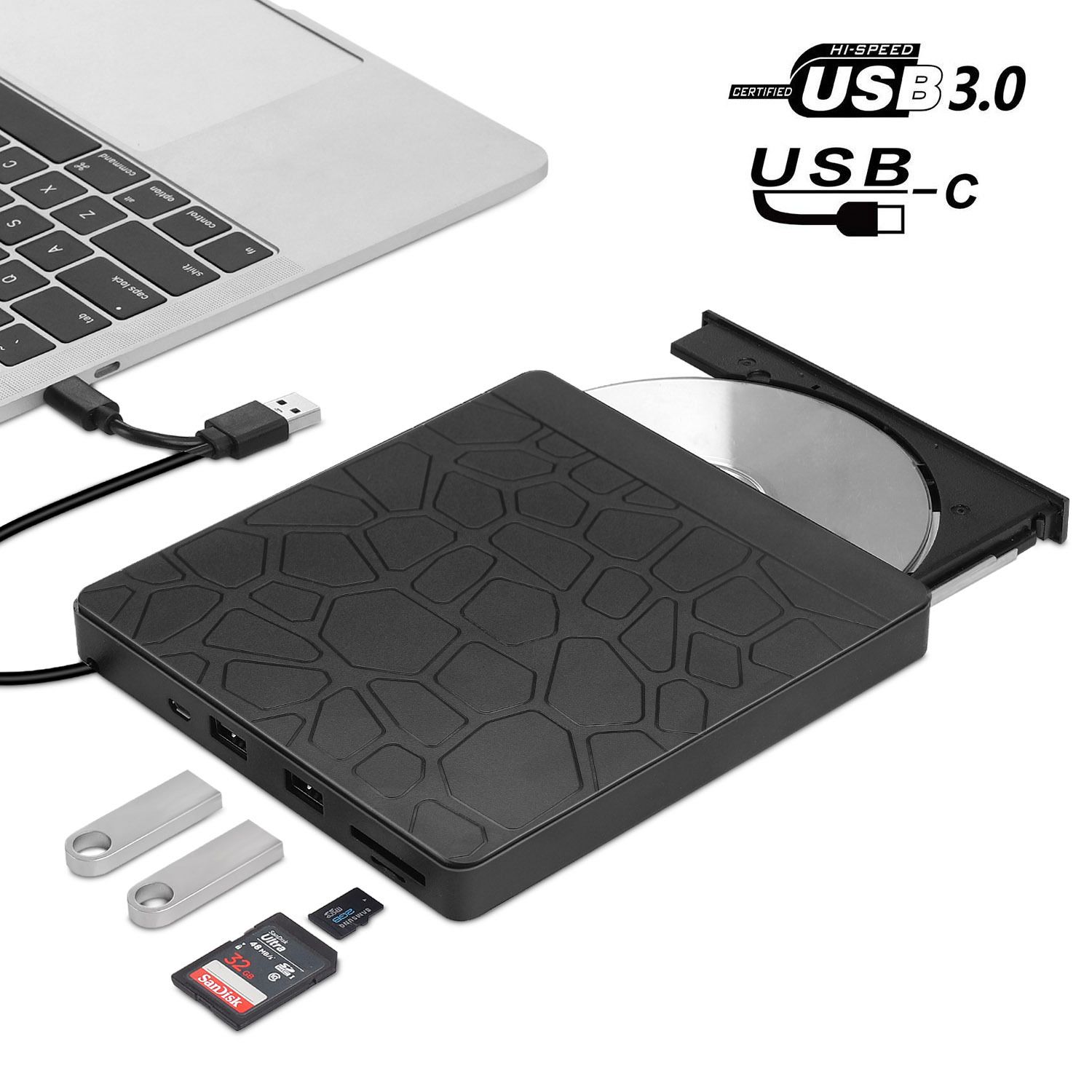 Lector de CD/DVD externo con conexión USB 3.0/2.0 y Tipo-C - Negro