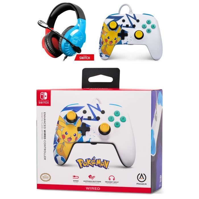 Mandos con cable Nintendo Switch Pikachu Alta Voltaje Oficial + Auriculares para juegos H3 Rojo Azul Espíritu del Jugador