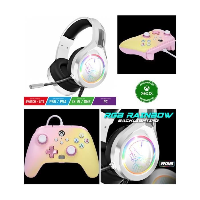 Manette Xbox One S/X/PC Officielle Limonade Rose POWER A + Casque de Jeu PRO H8 Blanc SPIRIT OF GAMER