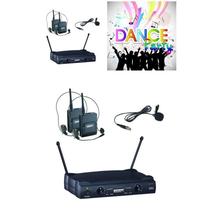 Micro sans fil double Power - PRO VHF DJ Karaoké - 2 canaux - Technologie SMD - Noir