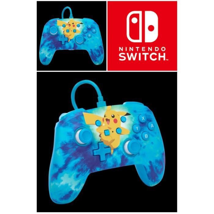 Controlador filar oficial de Pokémon Pikachu Tie Dye de POWER A para Nintendo Switch con cable USB desmontable
