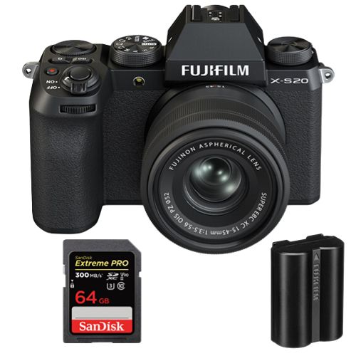 Kit Fujifilm X-S20 con lente de 15-45 mm, negro + batería NP-W235 + tarjeta SanDisk Extreme Pro SDXC de 64 GB UHS-II U3 V90 300 MB/s