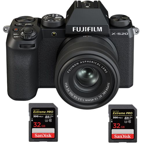 Kit Fujifilm X-S20 15-45 mm Negro + 2 x 32 GB Tarjetas SDHC SanDisk Extreme Pro UHS-II 4K U3 300 MB/s