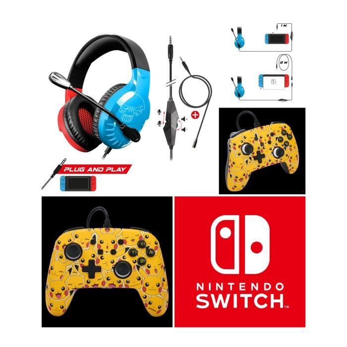 Pokémon Pikachu Moods Official Wired Controller for Nintendo Switch with Detachable USB Cable + SWITCH RED AND BLUE Headset