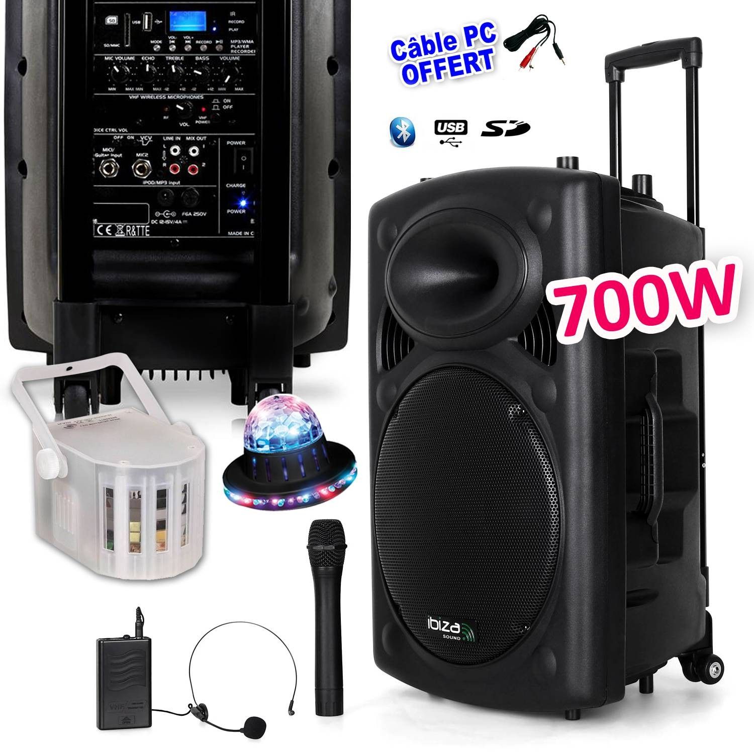 Ibiza 700W Bluetooth Battery-Powered Speaker System with Microphones and Effects