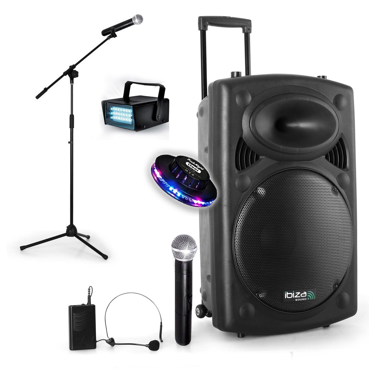 Ibiza Sound Mobile Public Address System with Bluetooth, Mic, Strobe and UFO Effect