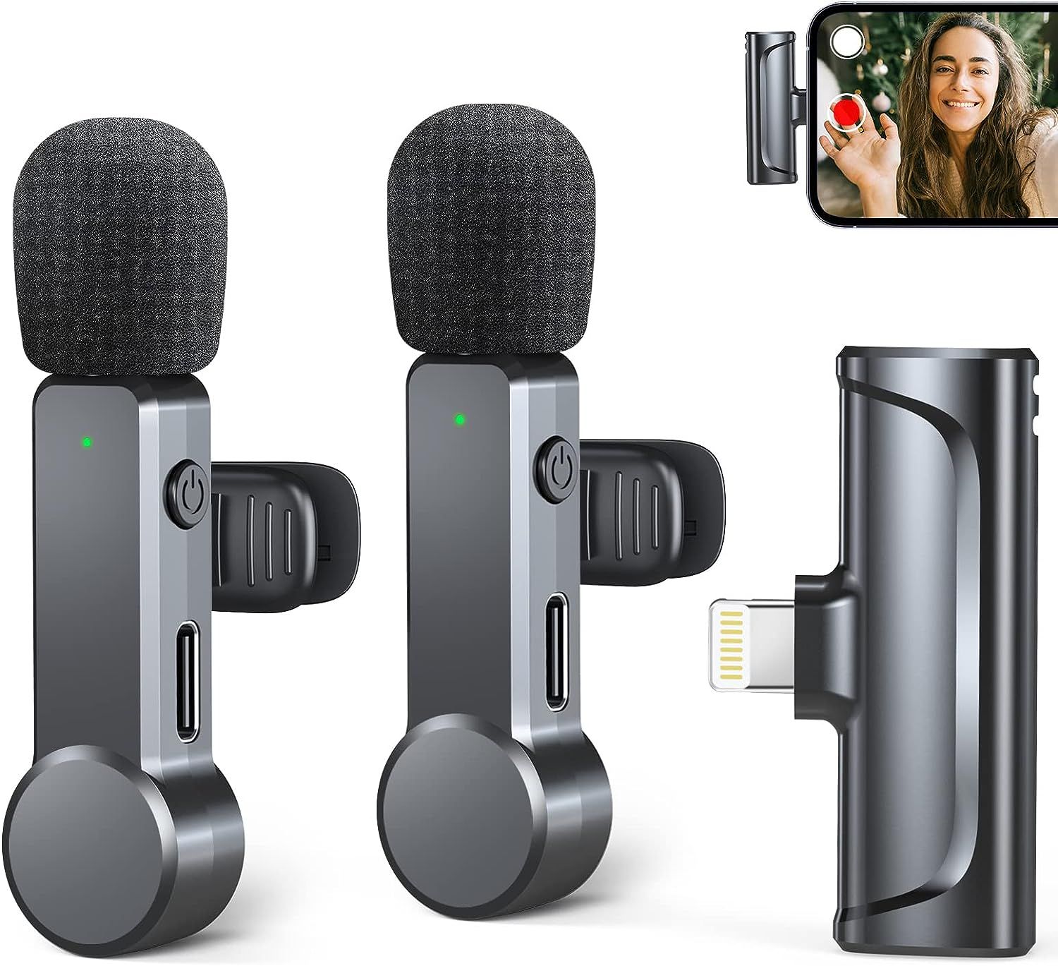 Wireless Lavalier Microphone for iPhone/iPad/iOS - Noise Cancellation & Mute Mode, 2-in-1 Kit (2 Pieces)