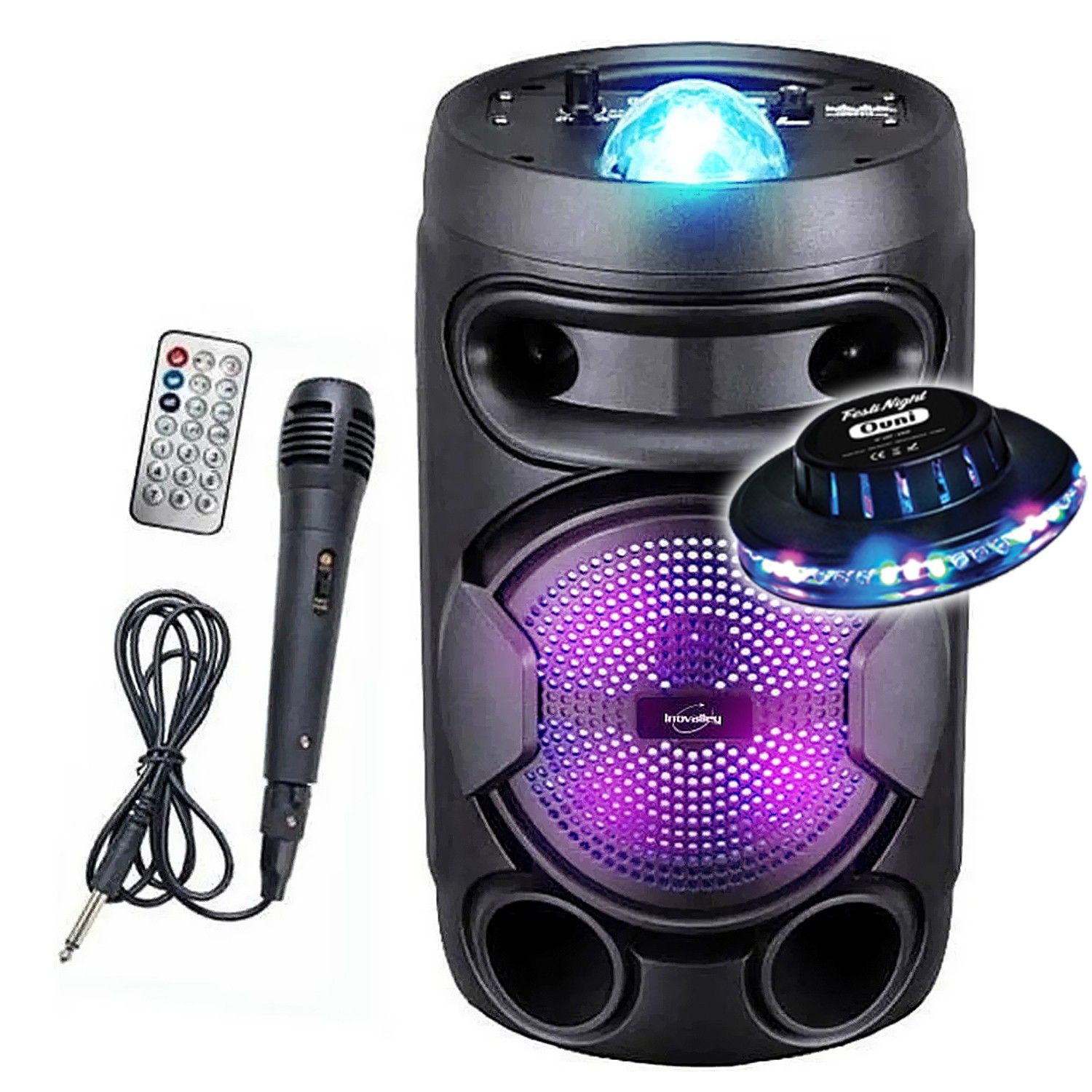 Haut-parleur portable mini Inovalley KA02 BOWL - 400W, USB TWS, radio FM, karaoké pour enfants avec lumières LED Ovni, soirée fête