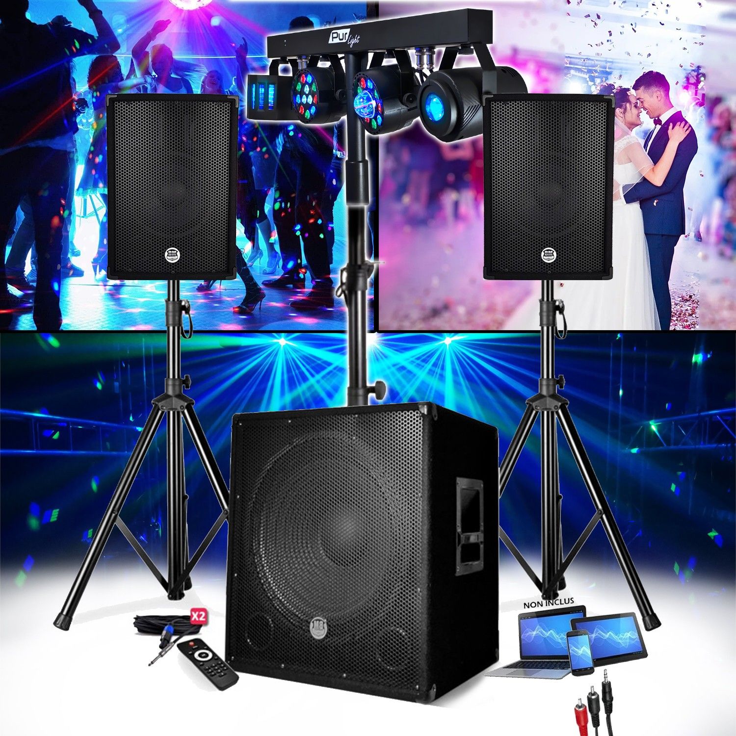 Sistema de sonido DJ Gef-Roy con subwoofer, altavoces, soportes y torre de luces