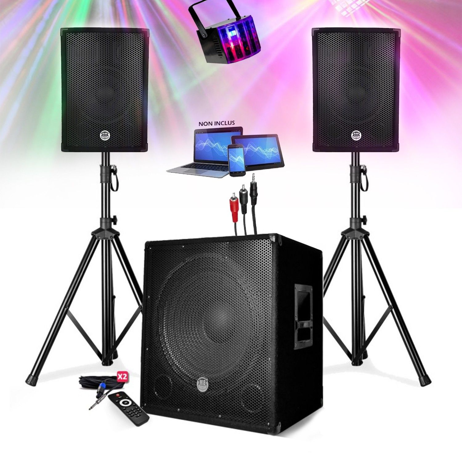 Kit de Sonido Gef-Roy con Altavoces + Subwoofer 1800W USB Bluetooth + Estantes + Cables y Luces LED Derby