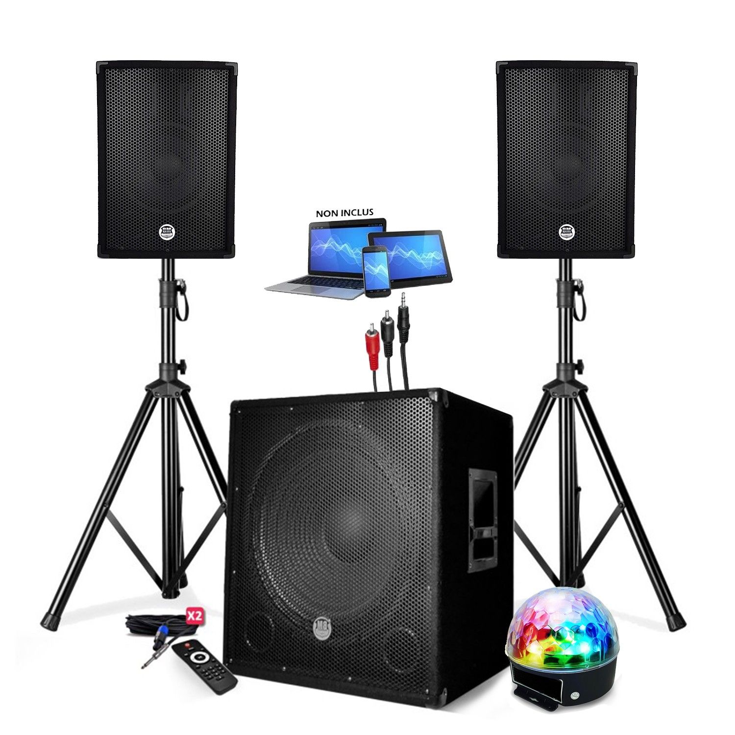 Paquete de Sonido BMI con Subwofer, Altavoces, Bluetooth y USB, Estantes, Cables y Bolas de Luz LED - DJ PA Fiesta Móvil Disco