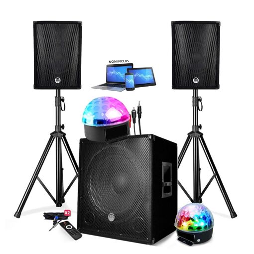 Kit de Sonido DJ BMI de 1800W con Altavoces, Subwoofer Bluetooth/USB + Piezas de Apoyo + Cables y 2 Luces LED Incluidas
