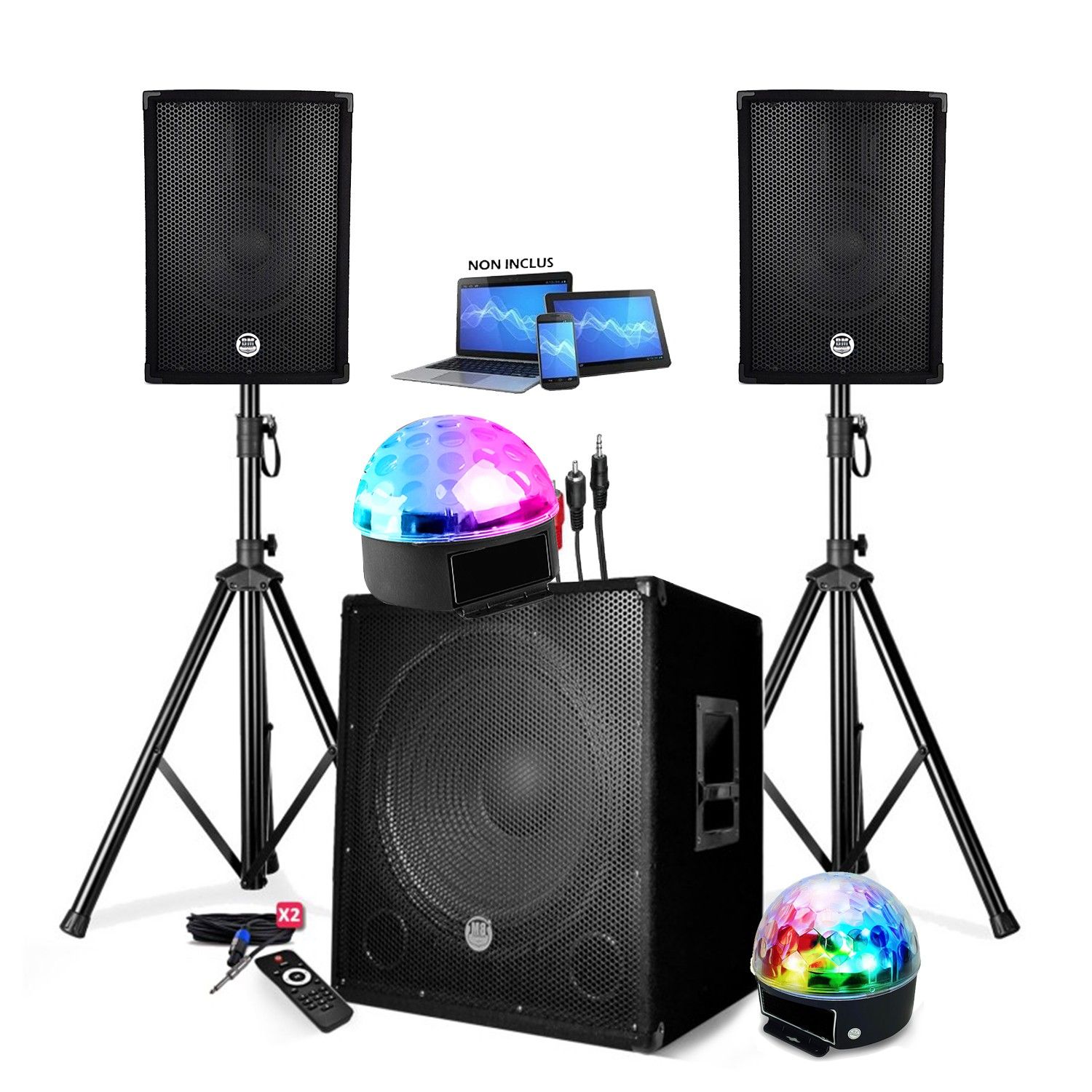 Kit de Sonido DJ BMI de 1800W con Altavoces, Subwoofer Bluetooth/USB + Piezas de Apoyo + Cables y 2 Luces LED Incluidas
