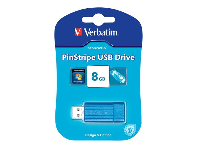 Verbatim PinStripe USB Drive - 8GB USB 2.0 Flash Drive - Caribbean Blue