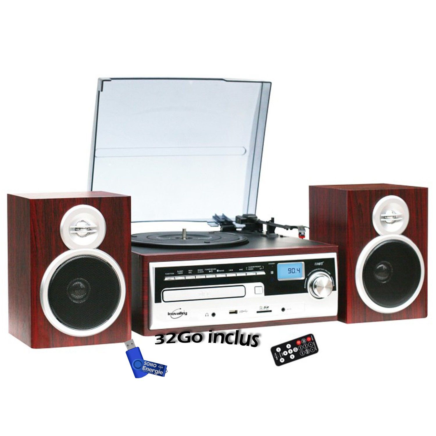 Inovalley CH14E 80W Vinyl Record Player with Bluetooth, CD, FM, USB + Remote Control + USB Key