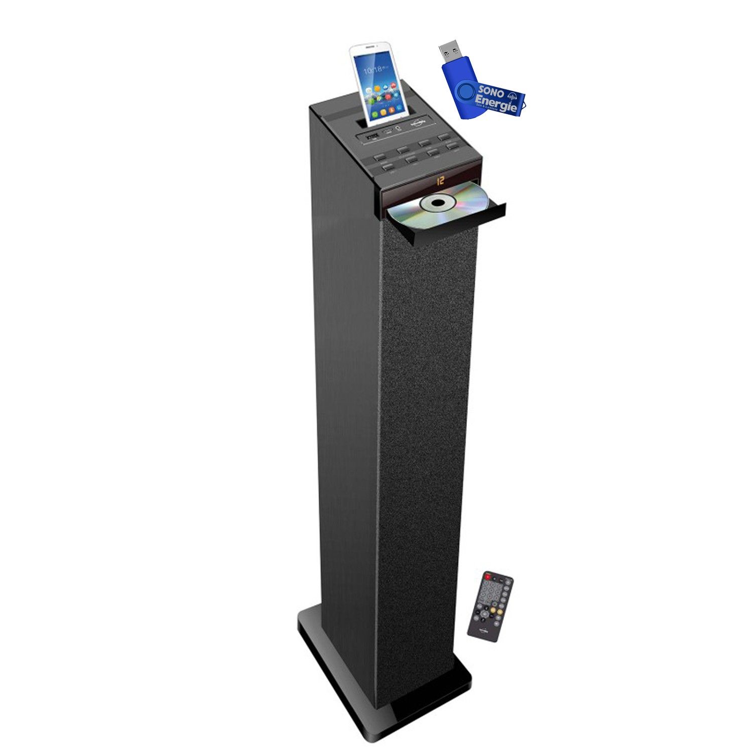 Inovalley BlackTower Bluetooth Speaker System with CD Player, FM Radio and USB, 60W + Remote Control, 32GB Key Included