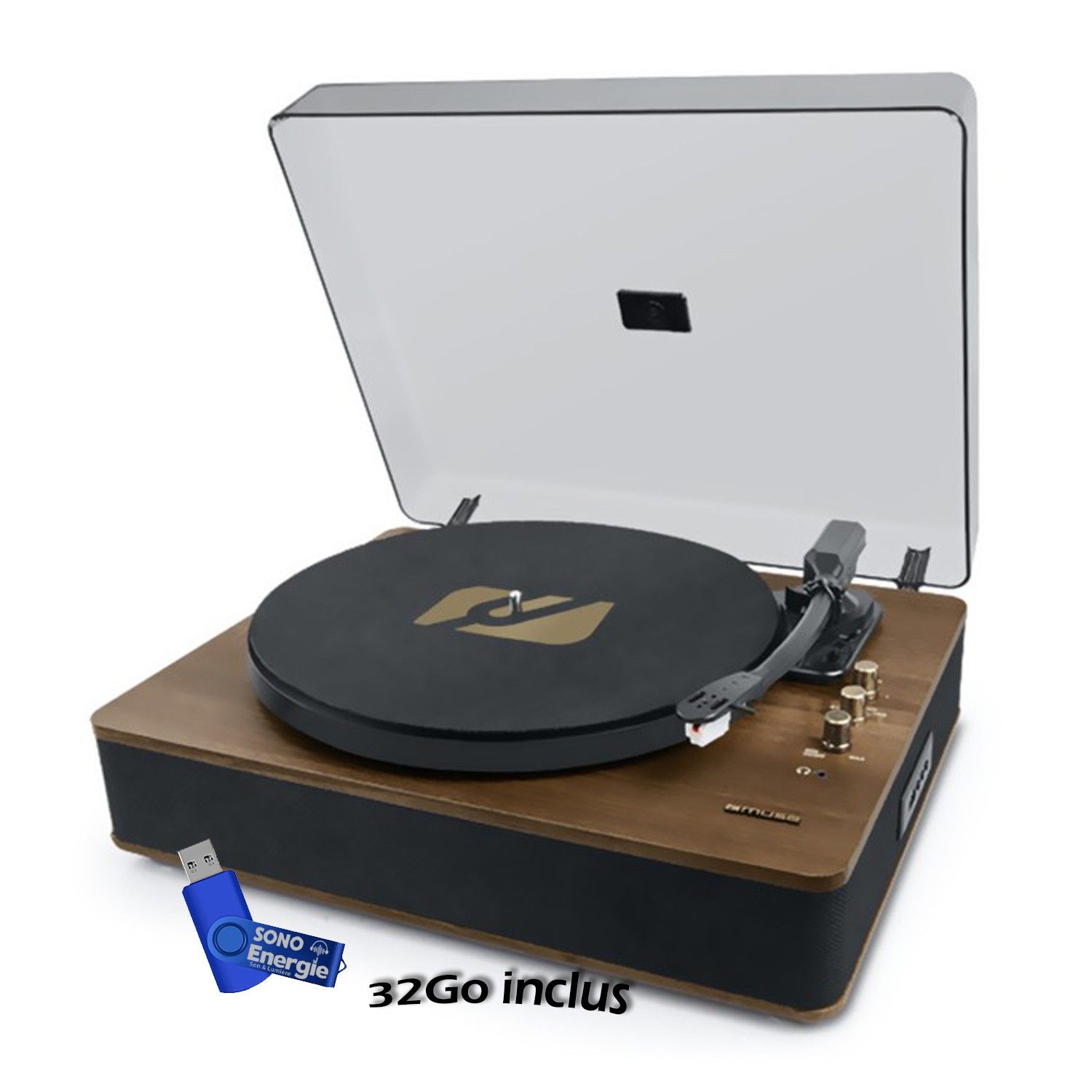 Muse MT-106 BT Vinyl Player, 3 Speeds (33/45/78 RPM), Stereo 2x5W Bluetooth, USB Port for Playback & Encoding + USB Key