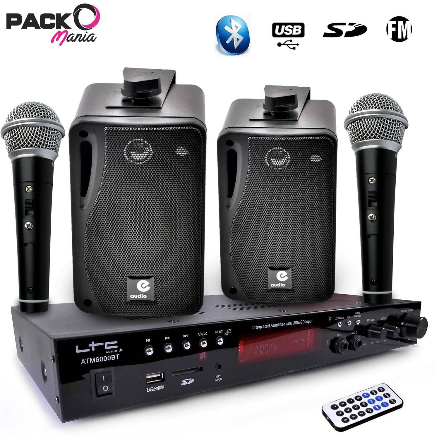 LTC Audio Kids Karaoke System 100W + 2 USB Microphones + SD Bluetooth + FM Radio + Cables
