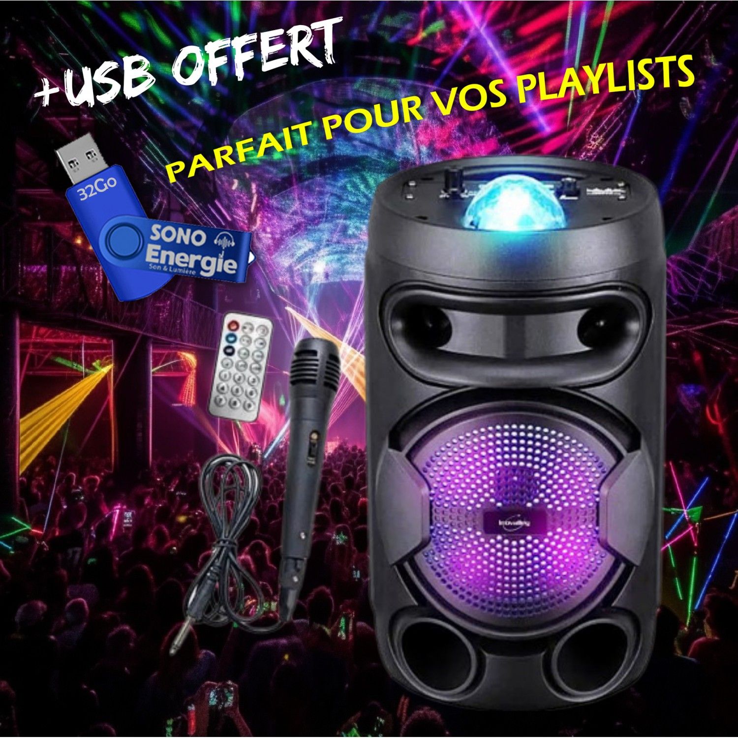Haut-parleur portable NOVALLEY KA02 BOWL - 400W, USB TWS, radio FM, karaoké enfantin avec lumières LED + clé USB 32Go