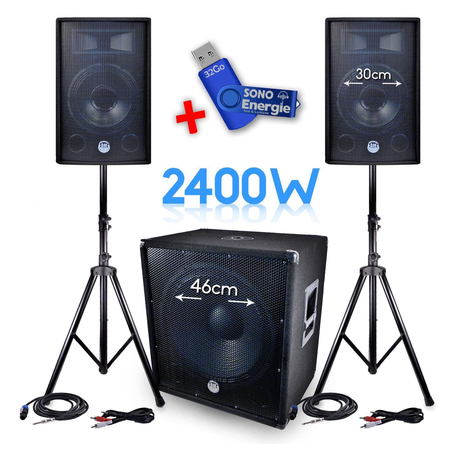 BM Sonic BMS-1812 2400W Active Subwoofer System - 46cm SUB + 2 x 30cm Speakers + Cables + 32GB USB Key