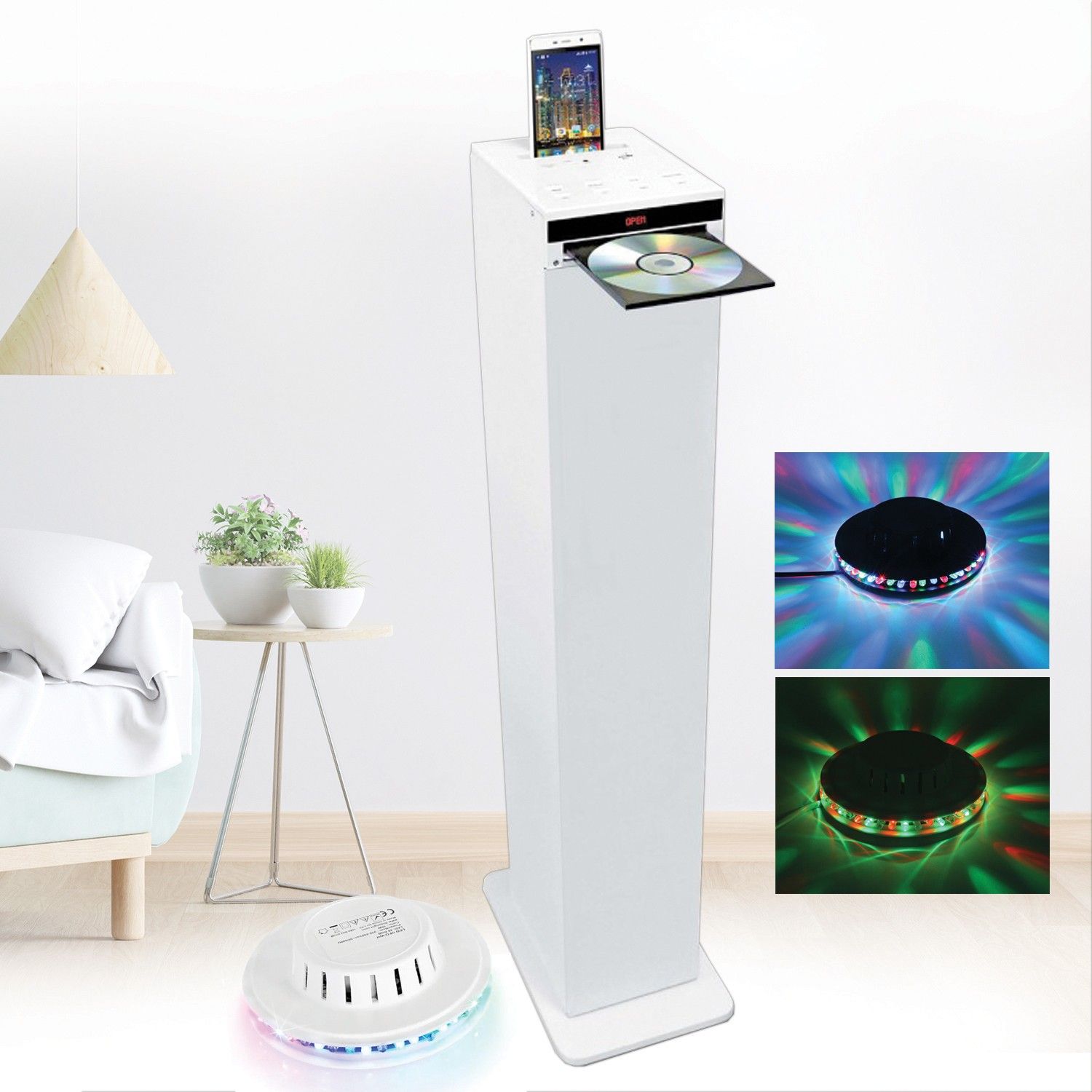 Inovalley White Tower 60W Sound Tower with CD Player, Bluetooth, FM Radio, USB, Remote Control, OVNI LED Light Set