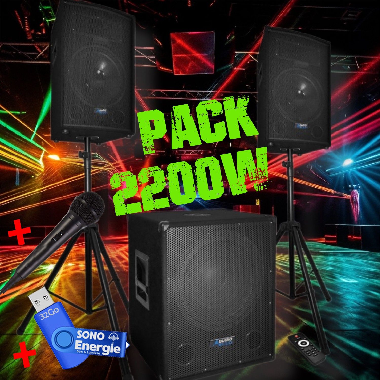 Kit de sonorisation Bm Sonic BMS1512 - Enceintes + Caisson + Pieds avec USB/Bluetooth