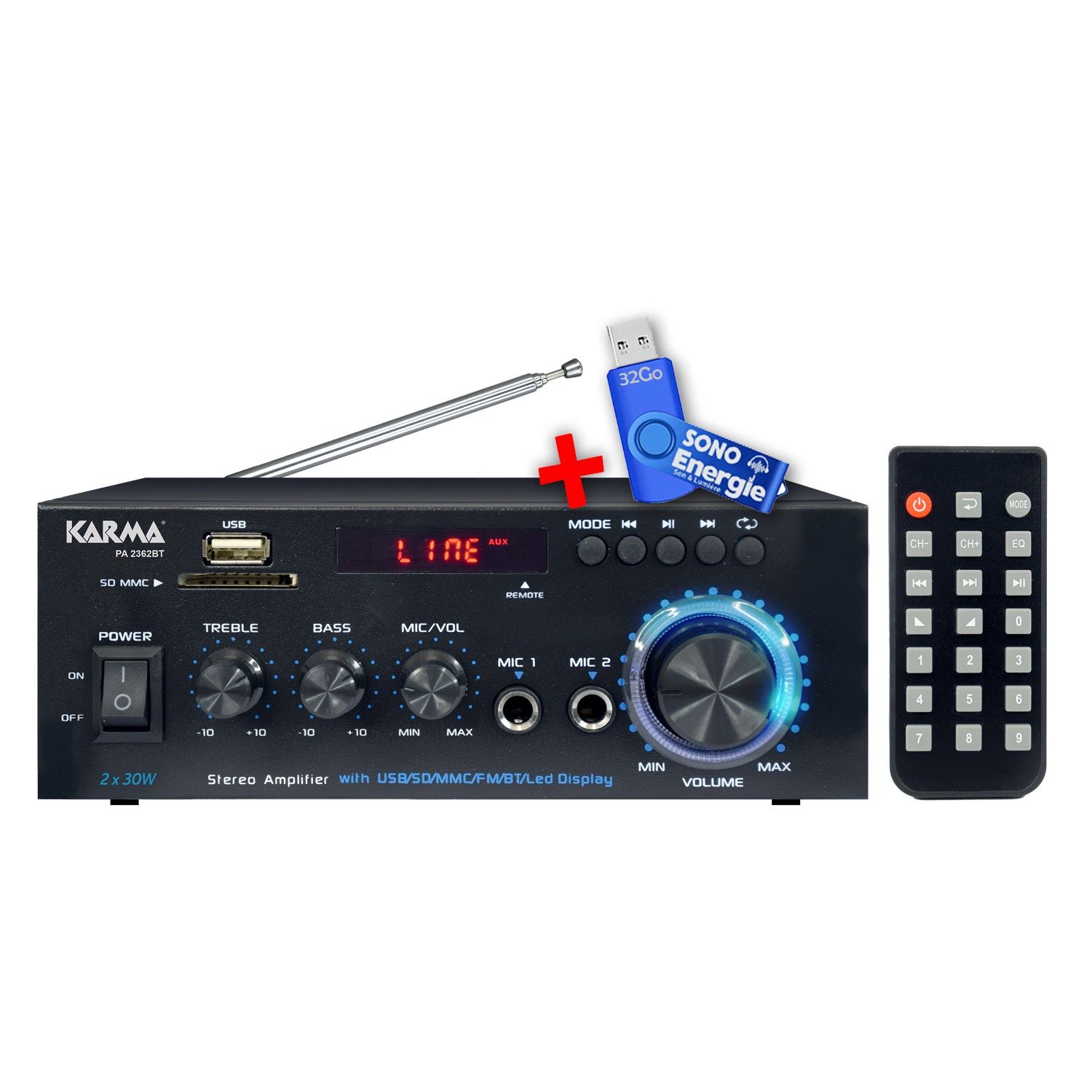 Karma HIFI Stereo Amplifier PA-2362BT, 2x 30W, USB SD Bluetooth, FM Radio, Remote, 2 Microphone Inputs + USB 32G Key