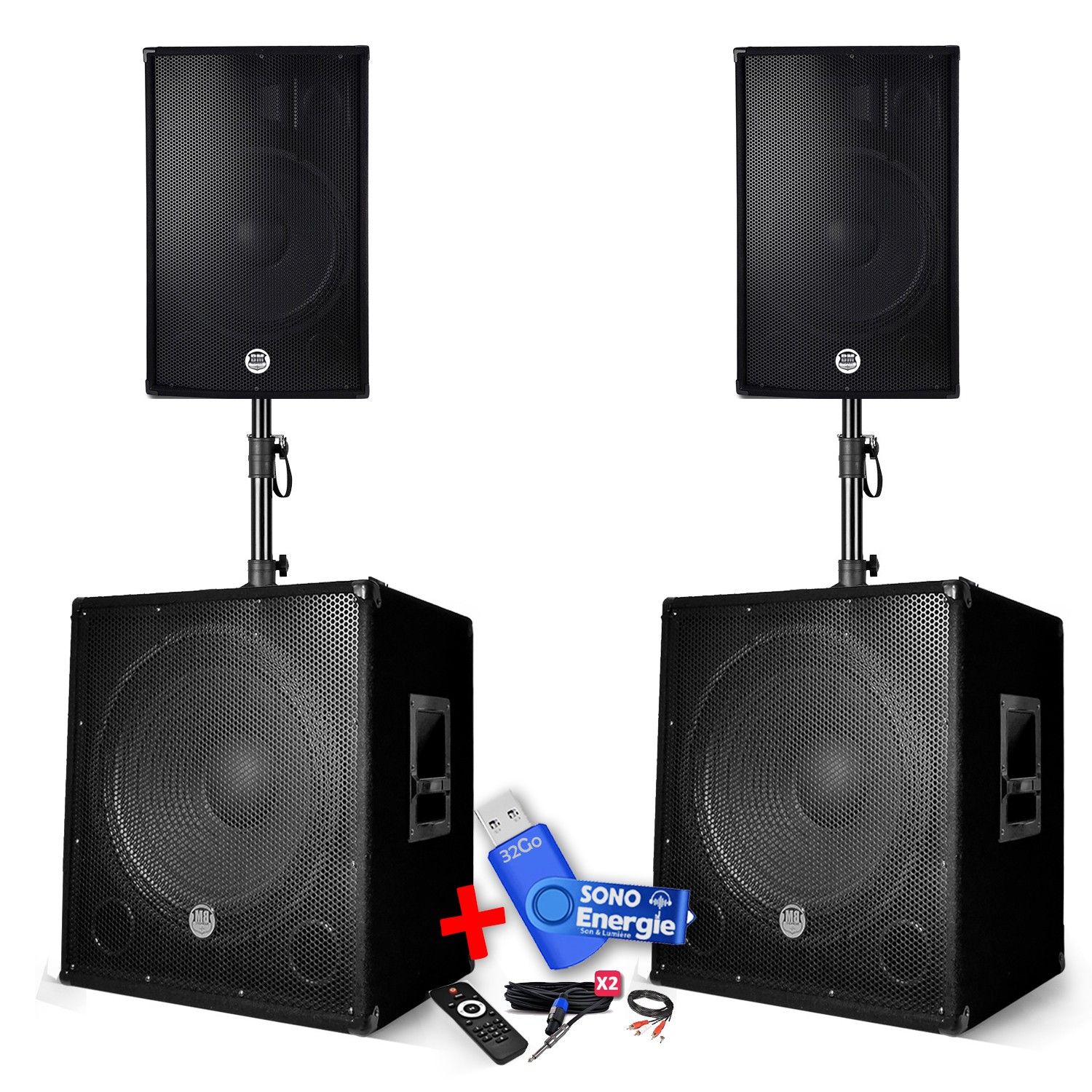 BM SONIC BMS-151515 3000W Sound System Pack - 15" Speakers + 2 x 15" Subwoofers + Stands - USB/Bluetooth+ 32GB USB Drive