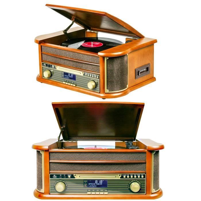 Reproductor de discos de vinilo vintage Optex de madera con Bluetooth, FM, USB y CD