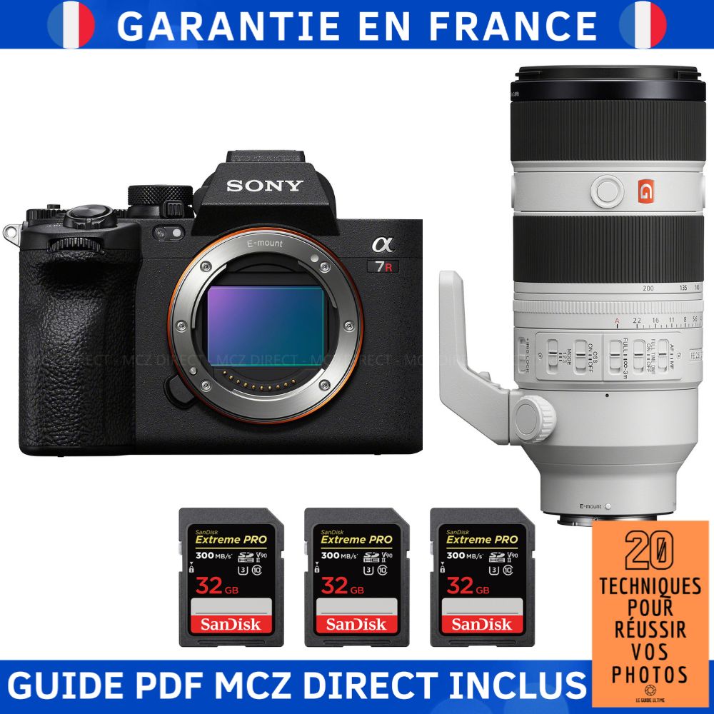 Sony A7R V + FE 70-200mm f/2.8 GM OSS II + 3 SanDisk 32GB Extreme PRO UHS-II SDXC 300 MB/s + MCZ DIRECT '20 TECHNIQUES POUR RÉUSSIR VOS PHOTOS Guide