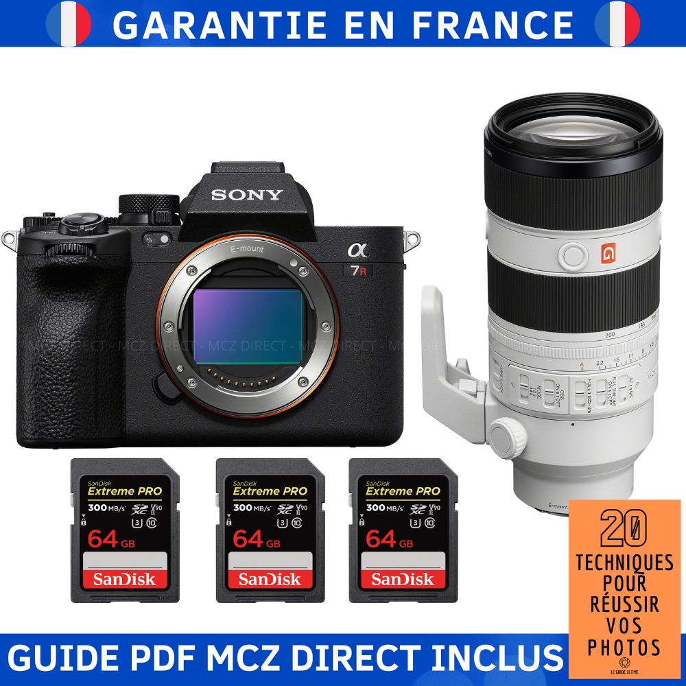 Sony A7R V + FE 70-200mm f/2.8 GM OSS II + 3 SanDisk 64GB Extreme PRO UHS-II SDXC 300MB/s + MCZ DIRECT '20 TECHNIQUES POUR RÉUSSIR VOS PHOTOS Guide