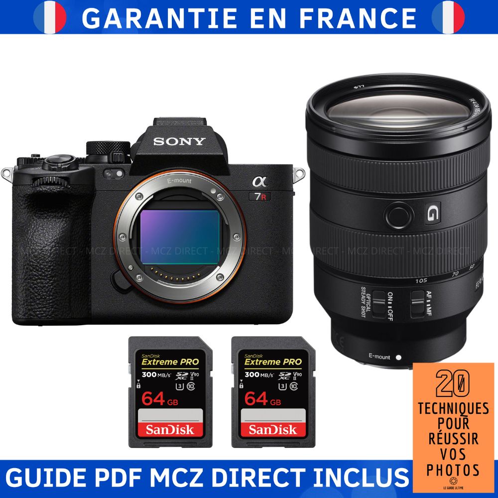 Sony A7R V + FE 24-105mm f/4 G OSS + 2 SanDisk 64GB Extreme PRO UHS-II SDXC 300MB/s Memory Card Kit