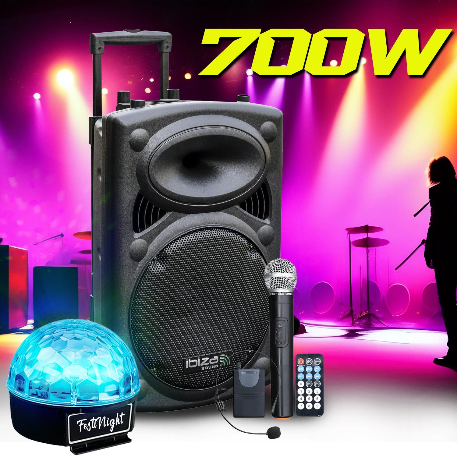 BMI 700W Bluetooth Battery-Powered Speaker System with Microphones and Lighting