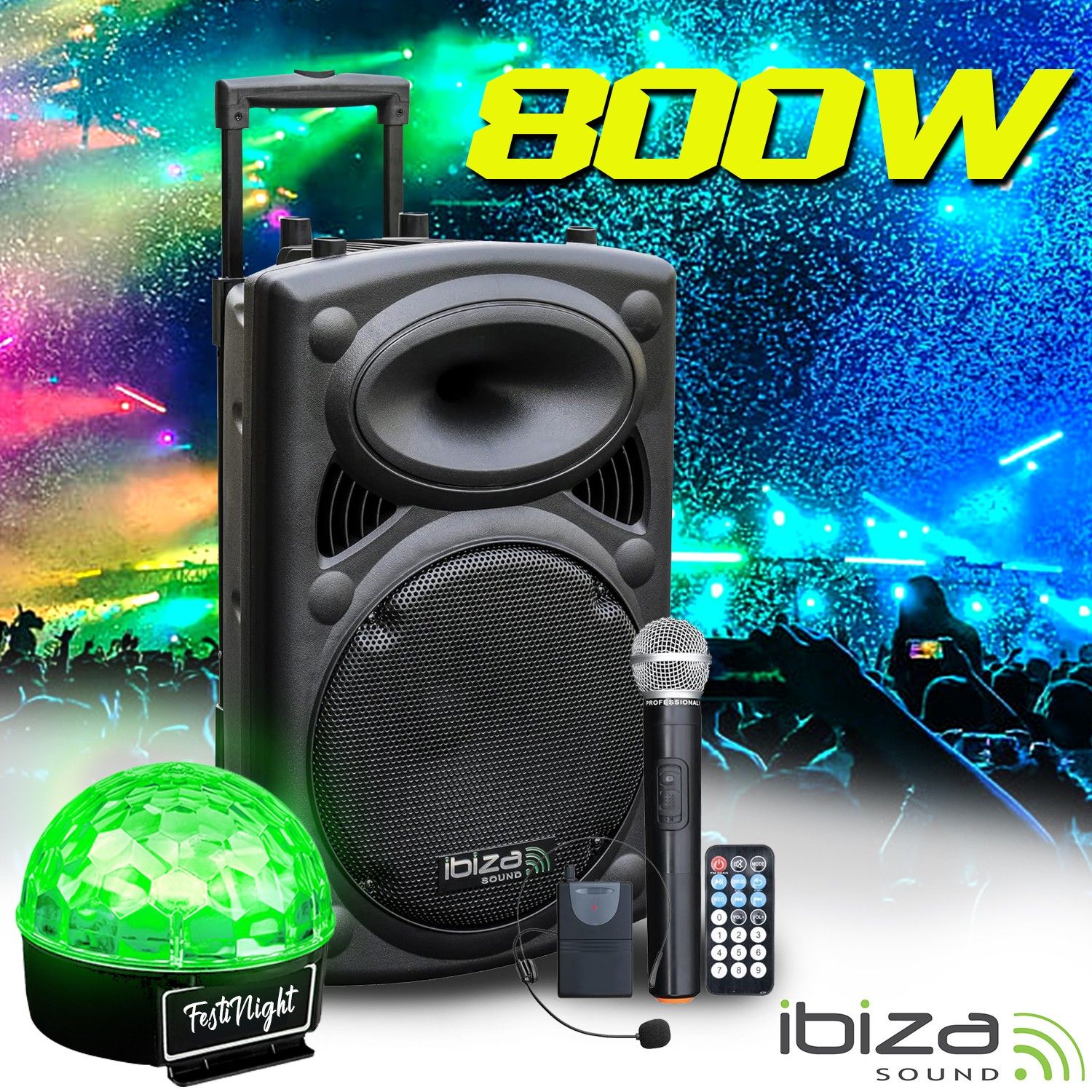 Système audio sans fil BMI de 800 W avec microphones IBIZA, télécommande et jeu de lumières Festinight SIXMAGIC
