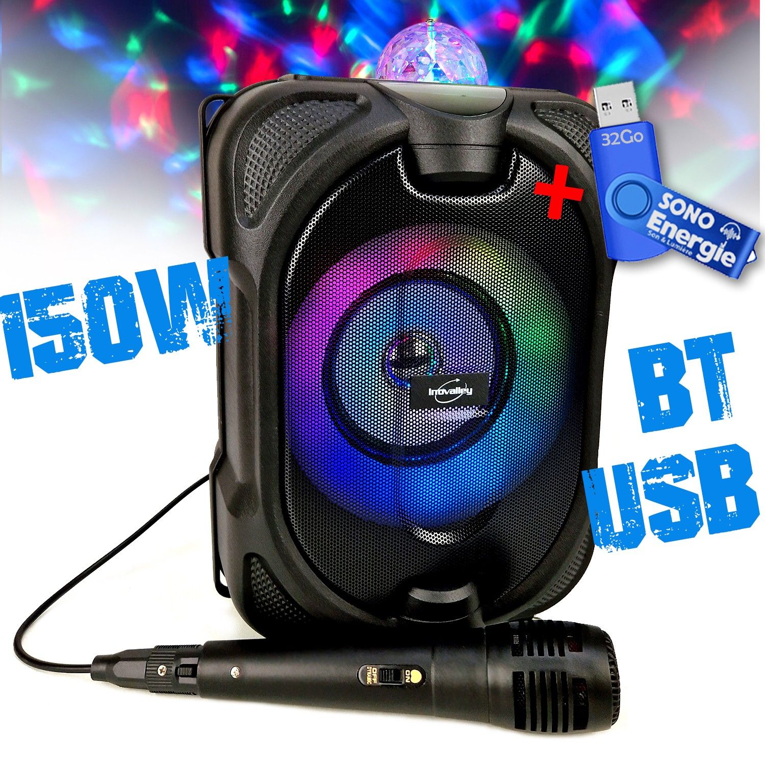 Inovalley DANCE-CUBE44 Mini Bluetooth Speaker - 150W PMPO, Battery-Powered, LED Light and USB 32GB Karaoke Sphere