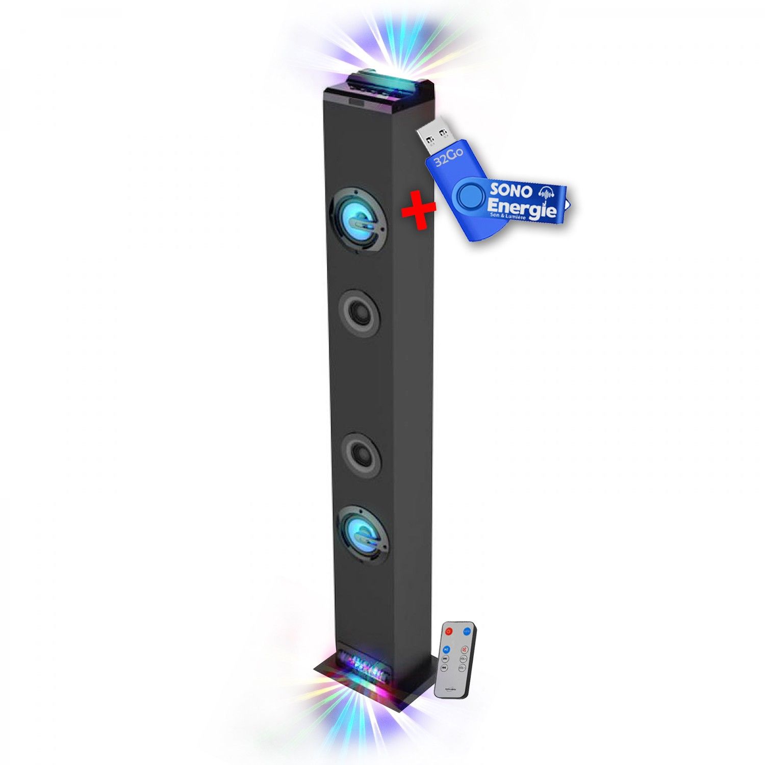 Torre de sonido Inovalley HP58BTH - Luz LED multirayo, Bluetooth, Radio FM, AUX - 4x 15W, + llave USB 32GB
