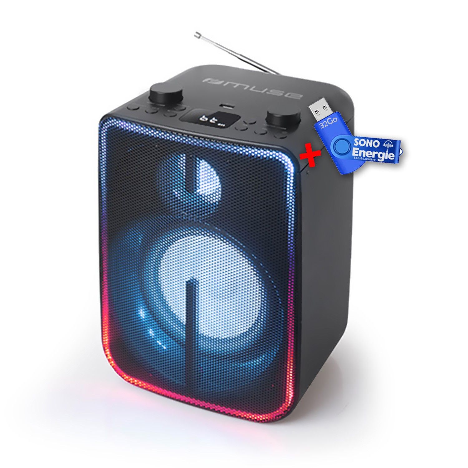 Altavoz inalámbrico Muse M-1802 DJ - 60W estéreo Bluetooth 5.0 - Radio FM - Luces LED - Batería recargable, AUX/USB + llave USB de 32GB