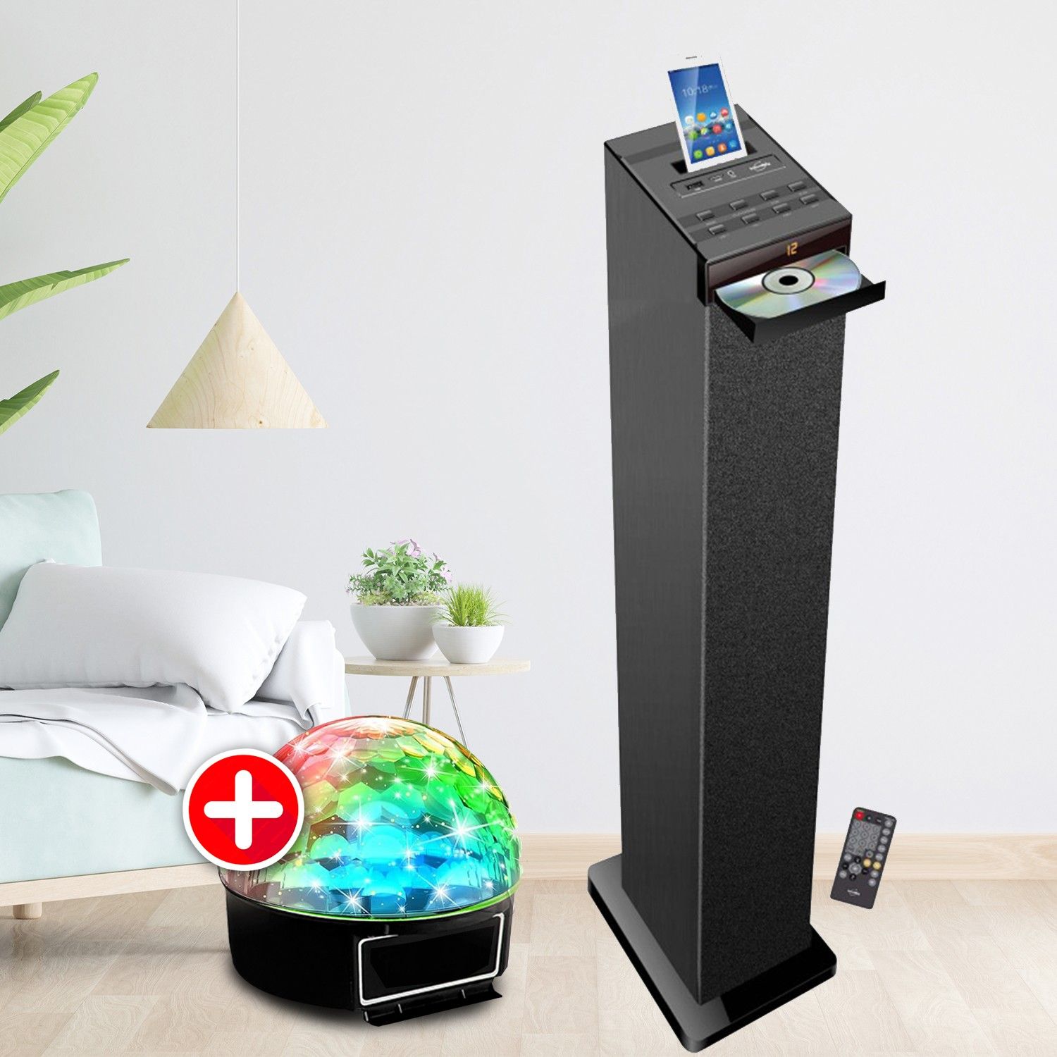 Inovalley Blacktower 60W Hi-Fi Tower Speaker with CD Player, Bluetooth, FM, USB, Remote Control and LED Light Show