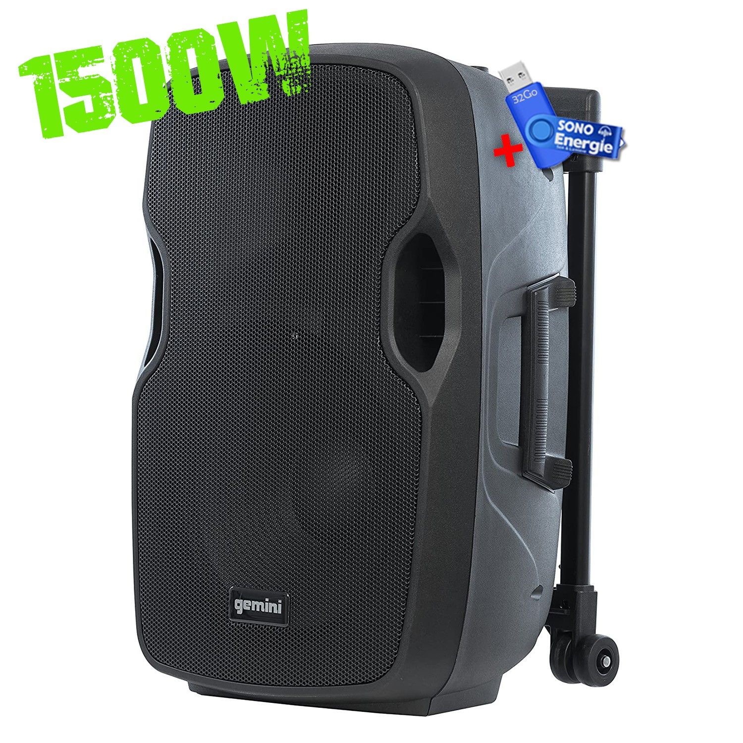 Gemini AS-12TOGO Active Speaker, 1500W, 12" Bluetooth Portable DJ Sound System with USB/SD Card Reader and 32GB USB Key