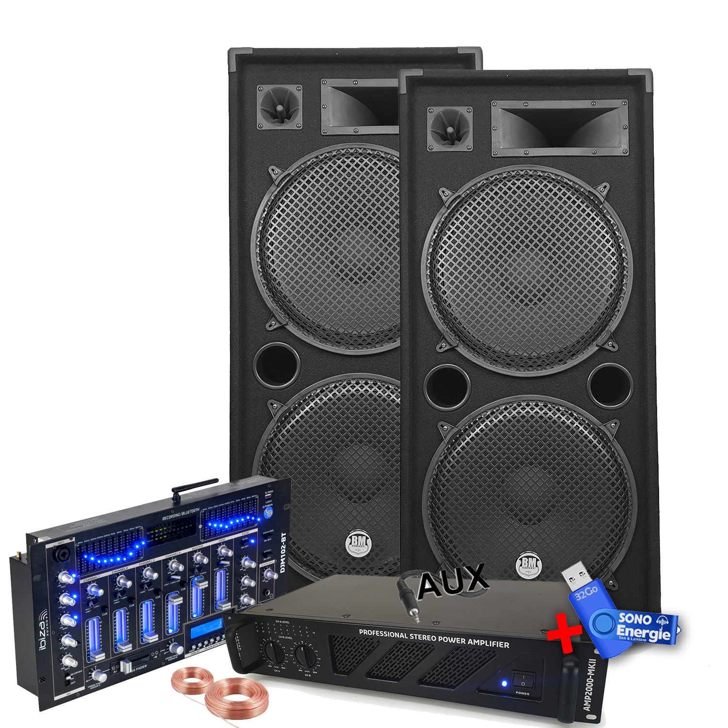 Pack Sonido Ibiza Sound 4000W con 2 Altavoces BM Sonic LSC215, Amplificador, Mesa Mezcladora Bluetooth/USB, Cables