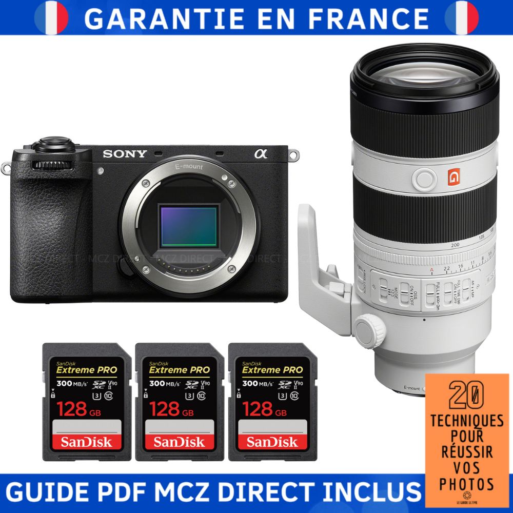 Sony Alpha 6700 (A6700) + FE 70-200mm f/2.8 GM OSS II + 3 SanDisk 128GB Extreme PRO UHS-II SDXC 300MB/s + MCZ DIRECT '20 Techniques for Succeeding in Your Photos Guide