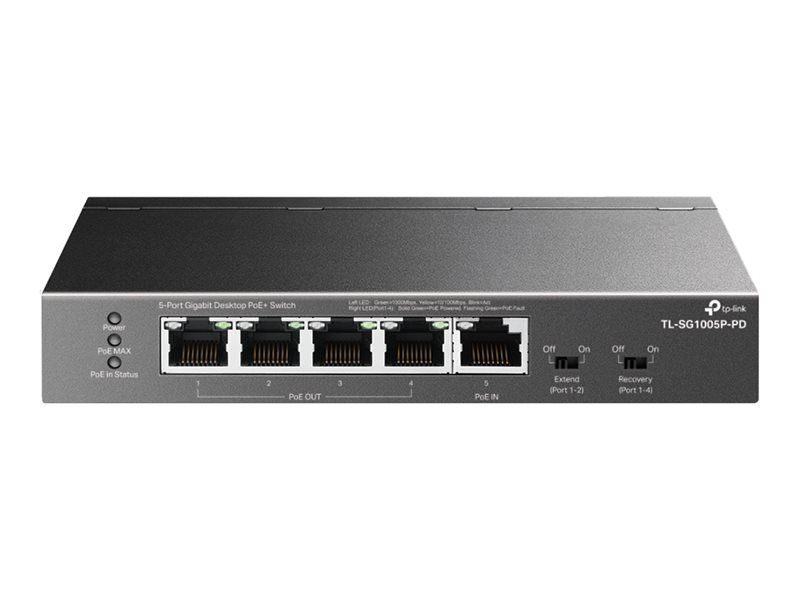TP-Link TL-SG1005P-PD V1 - Switch - Unmanaged - 4 x 10/100/1000 (PoE+) + 1 x 10/100/1000 (PoE++) - Desktop, Wall Mountable - PoE++ (66 W)