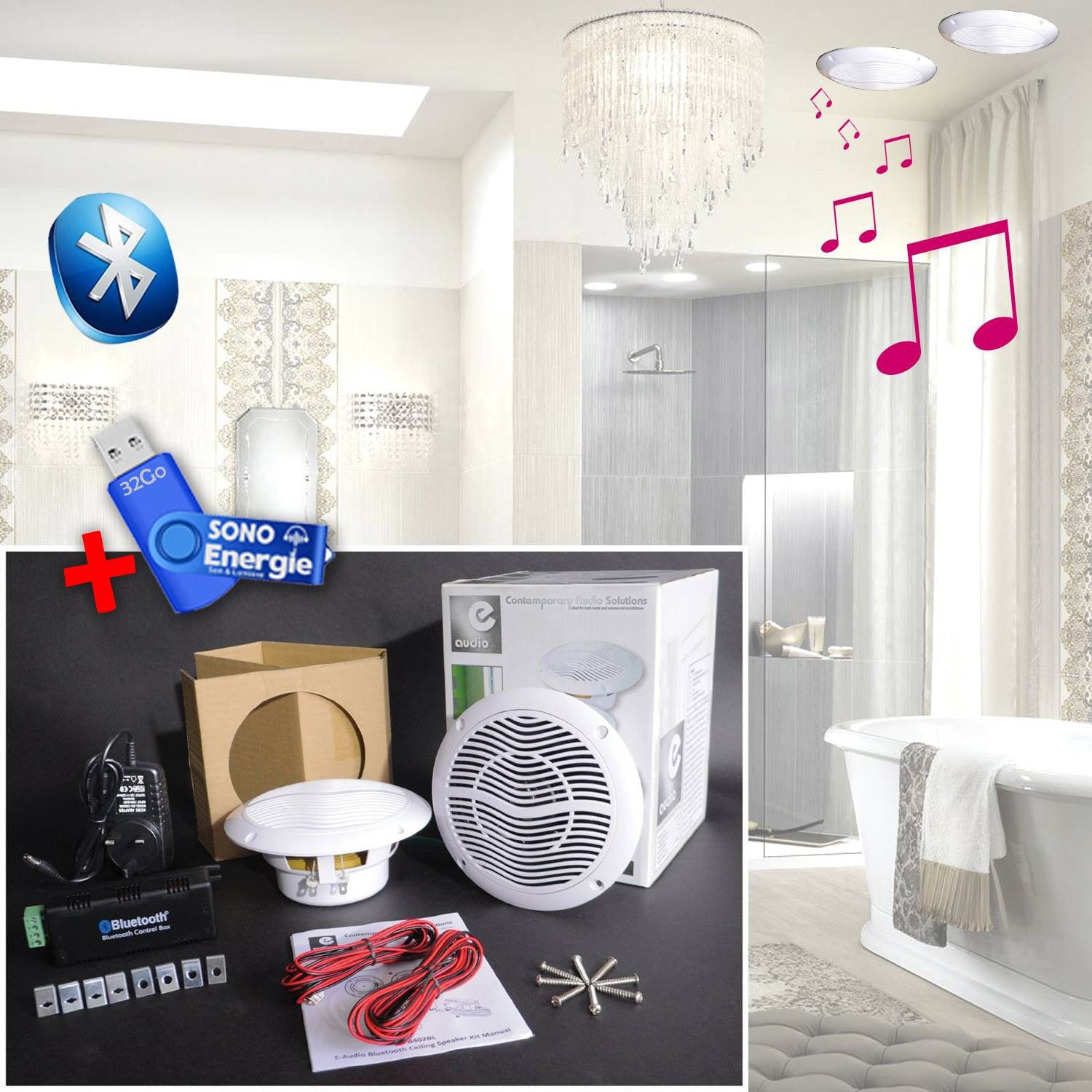 E-Audio B402BL Ceiling Speakers Kit (2x 15W Bluetooth + USB Key 32G)